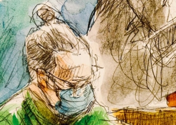 A court sketch of a woman in a prisoners box looking down.