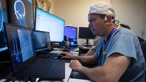 A doctor looks at a computer screen, hand on the mouse.