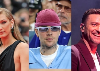 A side by side image of model Bella Hadid, and singers Justin Bieber and Justin Timberlake.