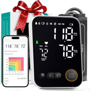 Blood Pressure Monitor Upper Arm - Bluetooth iOS & Android Compatible One-Button Operation Voice Broadcast Large LED Display Backlit 2x120 Memory Adjustable Cuff 8.7"-16.5" with Storage Bag Black