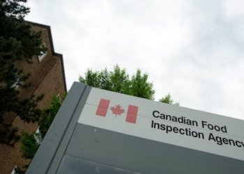 A sign reading, 'The Canadian Food Inspection Agency,' is seen outside a building.