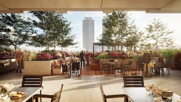 A rendering of  the Rekai Centre's Cherry Place. It depicts an outdoor terrace, featuring greenery and seating areas.