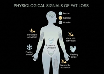 A clean medical-style illustration showing a human silhouette with subtle icons representing fat loss signals