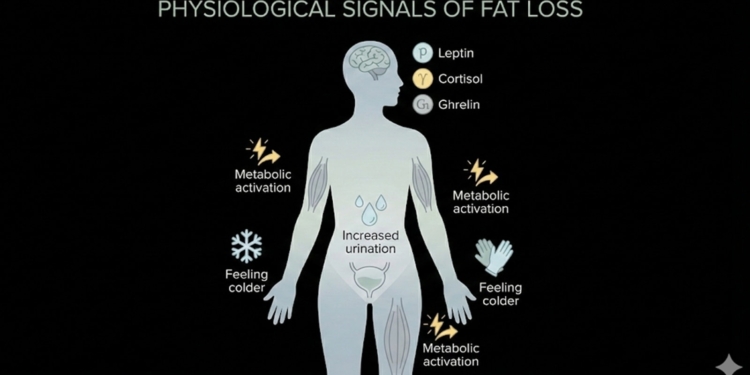 A clean medical-style illustration showing a human silhouette with subtle icons representing fat loss signals