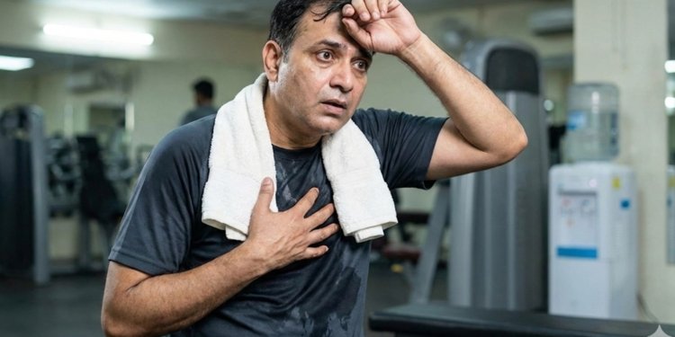 An Indian man after a workout is worried after his heart that suddenly starts racing, with his hand on his heart