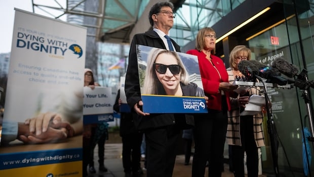 A group of people stand in front of a banner marked 'Dying with Dignity', holding a photo of a blond woman.