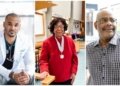 A collage of three images: a young Black man in a white lab coat, an elderly Black woman wearing a medal around her neck, and an elderly Black man.