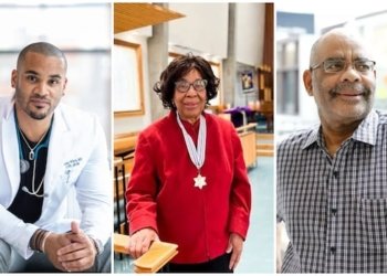 A collage of three images: a young Black man in a white lab coat, an elderly Black woman wearing a medal around her neck, and an elderly Black man.