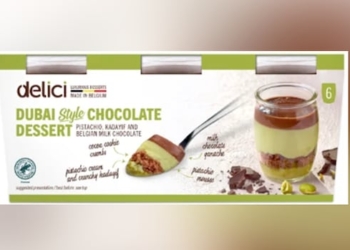 Label for Delici Dubai style Chocolate dessert under recall showing a spoon and jar of the product