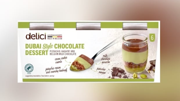Label for Delici Dubai style Chocolate dessert under recall showing a spoon and jar of the product