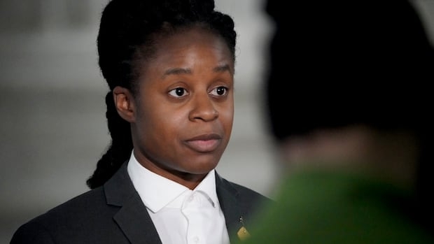 A person in a dark suit and white shirt speaks with media in a government building.