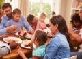 Family and friends sitting at a dining table
