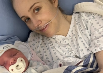 Paige Eaton shown in hospital with her son Archie. After his birth she developed severe pain, chills, and a fever and was eventually diagnosed with sepsis.