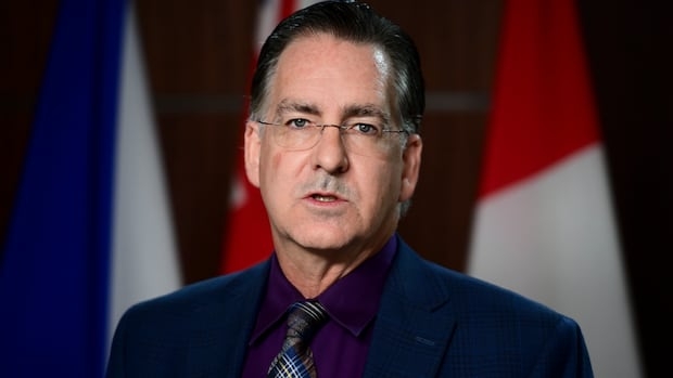 A man in a blue suit with a purple undershirt stands in front of flags.