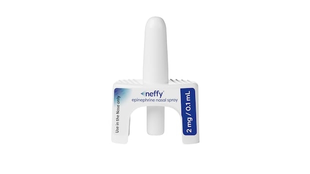 An image of the needle-free epinephrine treatment product known as 'neffy'