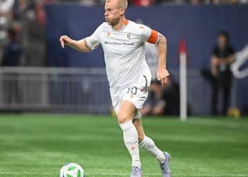 Forge FC midfielder Kyle Bekker dribbles the soccer ball during a September 16, 2025 Canadian Premier League match against the hometown Vancouver Whitecaps.