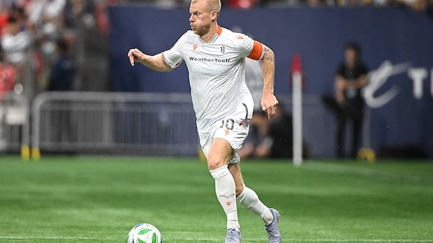 Forge FC midfielder Kyle Bekker dribbles the soccer ball during a September 16, 2025 Canadian Premier League match against the hometown Vancouver Whitecaps.