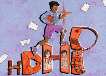 A hand-drawn illustration of a young man wearing athletic gear running up stairs that spell out "HDHP" out of medical objects, letters, cell phones, and other items relevant to High-Deductible Health Plans.