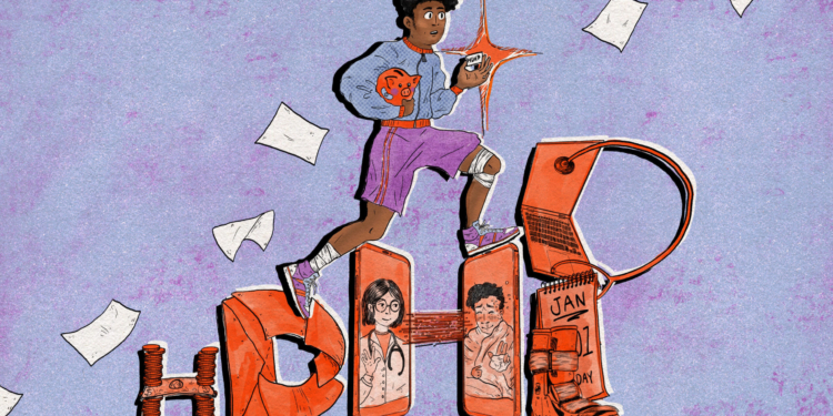 A hand-drawn illustration of a young man wearing athletic gear running up stairs that spell out "HDHP" out of medical objects, letters, cell phones, and other items relevant to High-Deductible Health Plans.