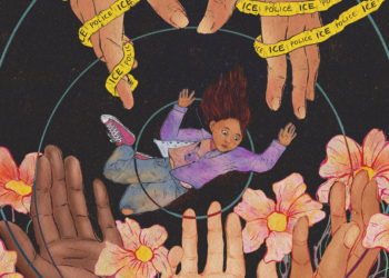 A hand-drawn illustration that shows two hands, wrapped with caution tape that says "ICE," reluctantly letting go of a young child. The child is falling in the center of the image, but a garden of hands are ready to soften their fall below.