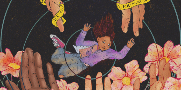 A hand-drawn illustration that shows two hands, wrapped with caution tape that says "ICE," reluctantly letting go of a young child. The child is falling in the center of the image, but a garden of hands are ready to soften their fall below.