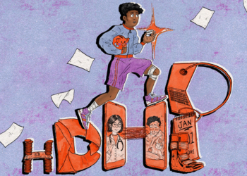A hand-drawn illustration of a young man wearing athletic gear running up stairs that spell out "HDHP" out of medical objects, letters, cell phones, and other items relevant to High-Deductible Health Plans.