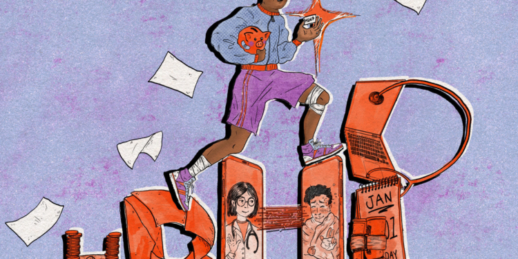 A hand-drawn illustration of a young man wearing athletic gear running up stairs that spell out "HDHP" out of medical objects, letters, cell phones, and other items relevant to High-Deductible Health Plans.