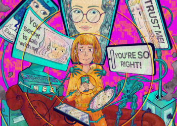 A hand drawn illustration of a young person holding their cell phone to their chest surrounded by robotic AI therapists, which are trying to get her to take a seat on a recliner couch. Text on their screens says, "TRUST ME!" "YOU'RE SO RIGHT!" "You can trust me!" and "Exactly."