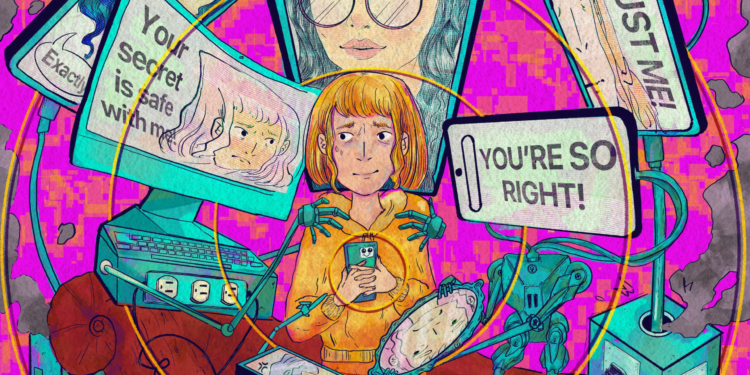 A hand drawn illustration of a young person holding their cell phone to their chest surrounded by robotic AI therapists, which are trying to get her to take a seat on a recliner couch. Text on their screens says, "TRUST ME!" "YOU'RE SO RIGHT!" "You can trust me!" and "Exactly."