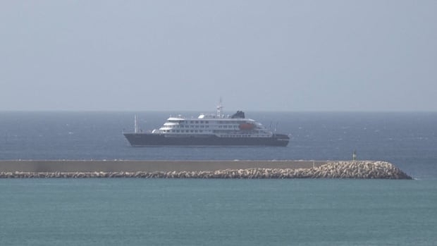 A cruise ship is seen in the water, with a piece of land nearby.