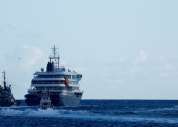 A ship in the water.
