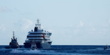 A ship in the water.