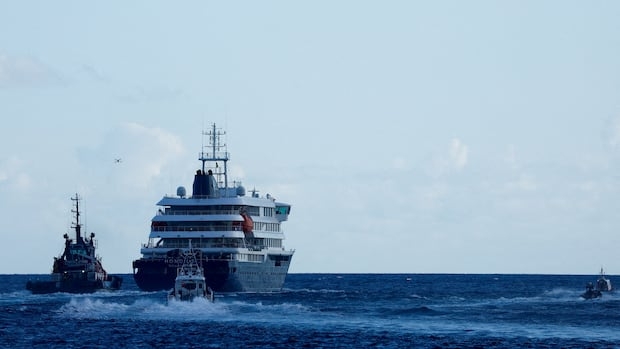 A ship in the water.
