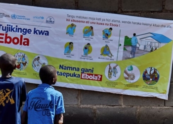 Two children look at a sign informing them about Ebola.