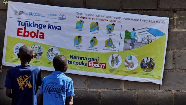 Two children look at a sign informing them about Ebola.
