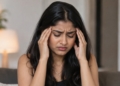 Person experiencing migraine during extreme summer heat